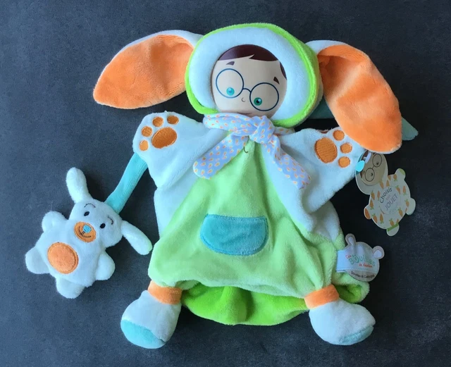 Marionnette Bouilles Doudou Lapin blanc orange vert DC2408 Doudou et Compagnie