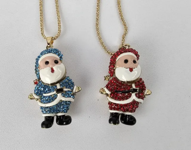 Pair of Betsey Johnson Rhinestone Enamel Santa Claus Necklaces Pendants Red Blue