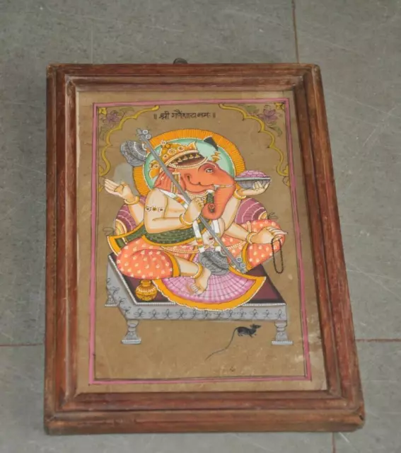 Vintage Lord Ganesha Handpainted Colorful Wooden Framed Painting, Collectible