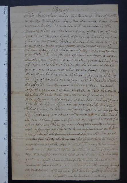 1786 post Colonial Manuscript Document INDENTURE for BOY to NYC FURNITURE MAKER