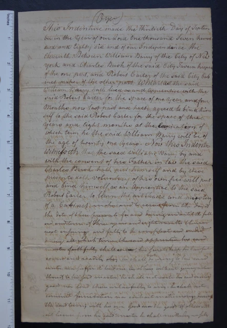 1786 post Colonial Manuscript Document INDENTURE for BOY to NYC FURNITURE MAKER 1786 post Colonial Manuscript Document INDENTURE for BOY to NYC FURNITURE MAKER