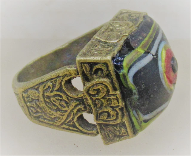 Ancient Phoenician Gold Gilded Seal Ring With Mosaic Stone Rare