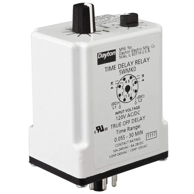 DAYTON 5WMK2 Time Delay Relay,24VAC/DC,10A,DPDT