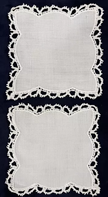 2 Vintage Table Mats Or Coasters White Linen With Lace Crochet Edge