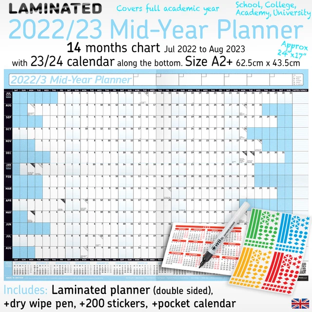 2022/2023 LAMINATED MIDYEAR Wall Planner Calendar Yearly Chart