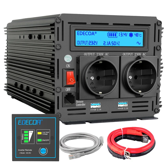 EDECOA Power Inverter Pure Sine Wave 12V DC to 120V AC 1200W USB Type C PRO