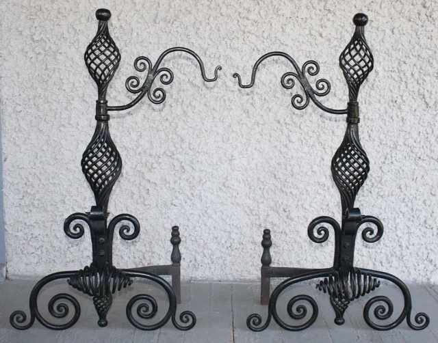 Pair of Vintage Andirons. Hand Hammered Wrought Iron Spiral Finials Scrolls NICE