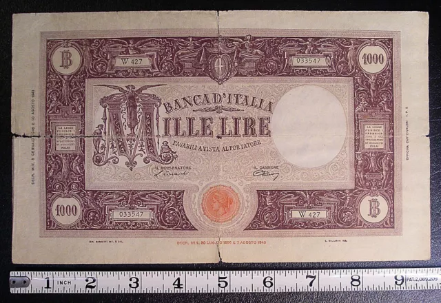 1943 Italy 1000 Lire banknote P-72a Numerous Edge Splits Large Note #12826