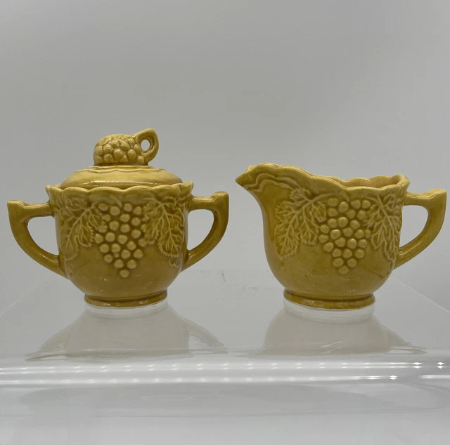 Vintage Pottery Yellow Sugar And Creamer With Lid Grape Leaf Mold #476