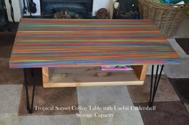 Tropical Sunset Wood Coffee Table with Under Shelf Storage + Black Hairpin Legs