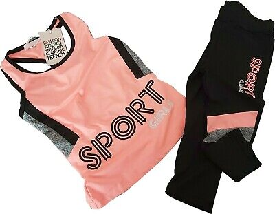 Girls Kids T-shirt Sports Vest Top & 3/4 Leggings Cycling Gymnastics Sportswear