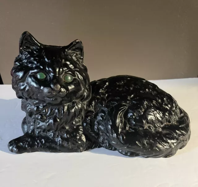 VINTAGE HUBLEY Style BLACK PAINTED CAST IRON CAT DOORSTOP GREEN EYES  FIRESIDE