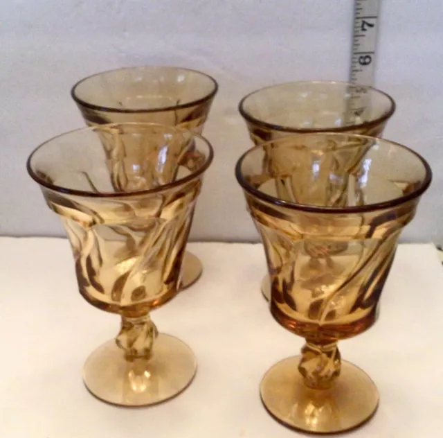 4 Vtg Fostoria Jamestown Amber Water Wine Goblets Glasses 8 0Z. A16