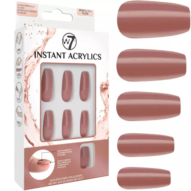 W7 Instant Acrylics Perfectly Nude - Long False Nails Fake Strong Glue Included