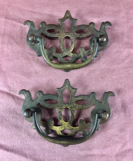 Pair of Salvaged Vintage Ornate Brass Drawer Pulls