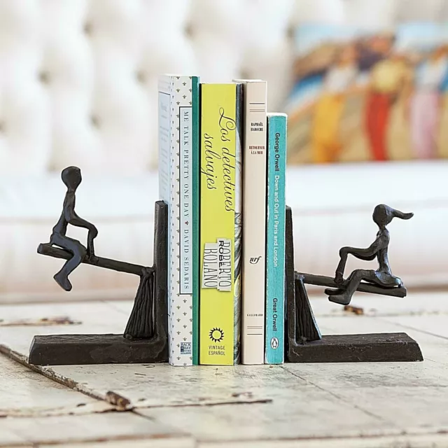 Children Playing on See-Saw Teeter Totter Bookend Set Metal Sculpture Figurines