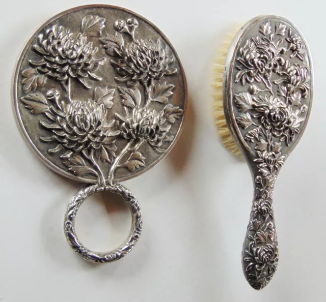 Antique Hand Mirror and Brush  Luen Wo Chinese Export Silver Repousse