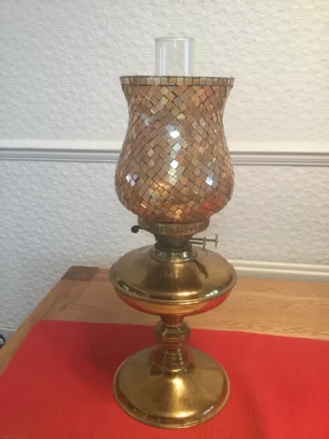 Vintage Brass Oil Lamp mosaic glass Shade glass chimney double burner & snuffer