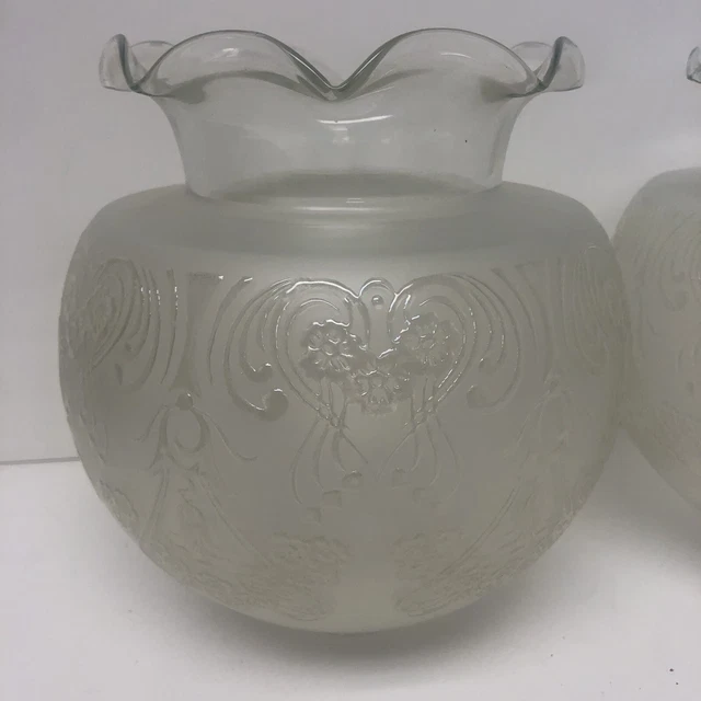 Large Vintage antique floral Frosted Etched Glass Ruffled Edge Lamp oil Shade