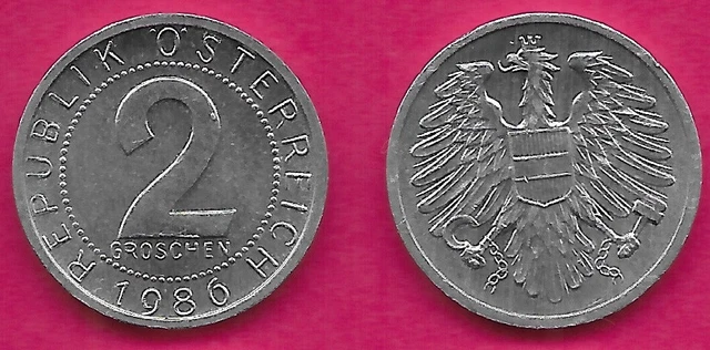 Austria 2 Groschen 1986 Unc Imperial Eagle With Austrian Shield On Breast,Holdin