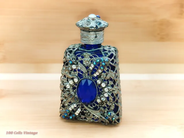 Small Jeweled Filigree Vintage Collectable Glass Perfume Bottle-cre