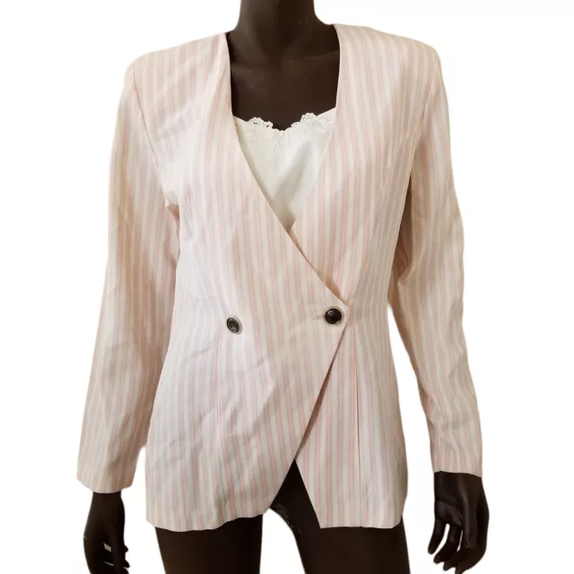 Vintage All That Jazz Double Breasted Blazer Womens Sz 7/8 Pink Stripe Lace Bib