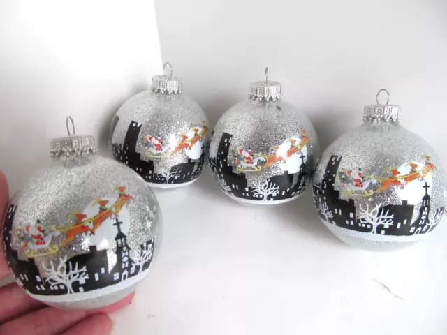 Glass Ball Ornaments Silver Glitter Santa Sleigh Over City Christmas By Krebs C3