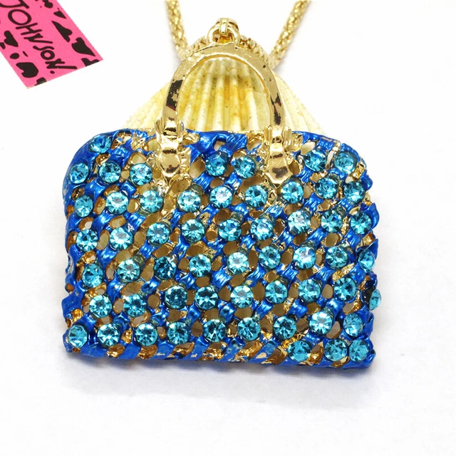 Hot Shiny Blue Enamel Crystal Bag Handbag Fashion Jewelry Women Pendant Necklace