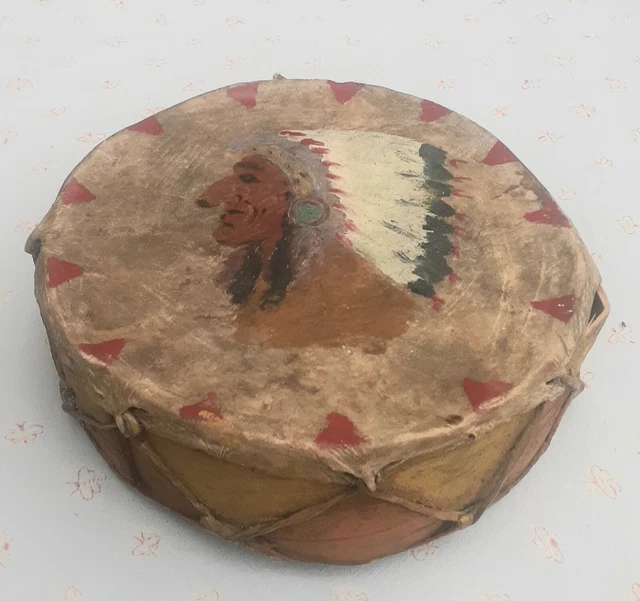 DRUM - NO RESERVE - TWO SIDED PAINTED 9" RAWHIDE & WOOD Chief & Horse DRUM - NO RESERVE - TWO SIDED PAINTED 9" RAWHIDE & WOOD Chief & Horse