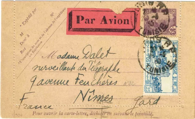 1930 Tunisia postal stationery sent by air to France. Nice air label clean cover