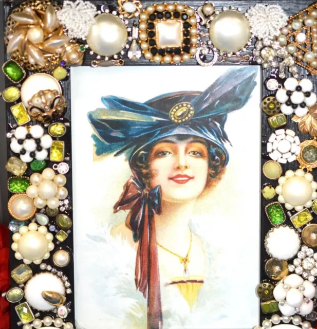 Vintage Jewelry Art Decorated Picture Frame Pearl Embellished Black 5X7 Photo