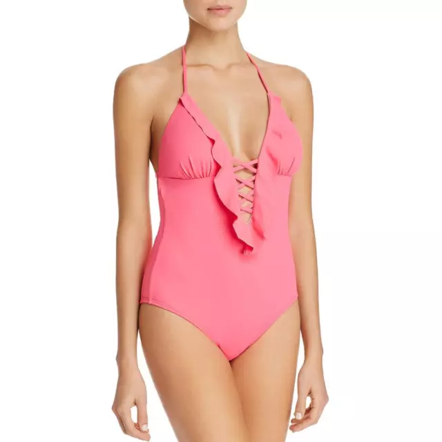 Shoshanna Women's Solid Lattice Ruffle One Piece Swimsuit, Pink, 4