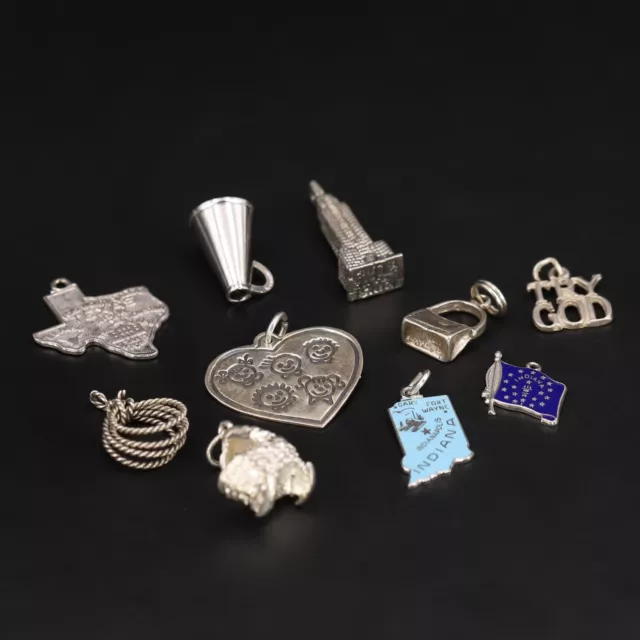 Sterling Silver - Lot of 10 Assorted Bag Heart Travel Bracelet Charms - 27g