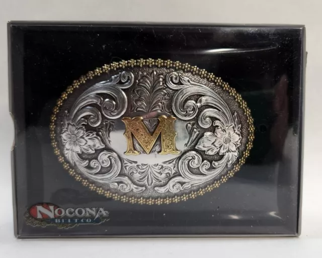 New Nocona Belt Co Cowboy Belt Buckle. Letter "M" Monogram In  Silver & Gold