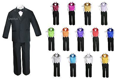 7pc Baby Kid Teen Boy Formal Black Suit Tuxedo + 14 Color Pick Vest Bow Tie S-20