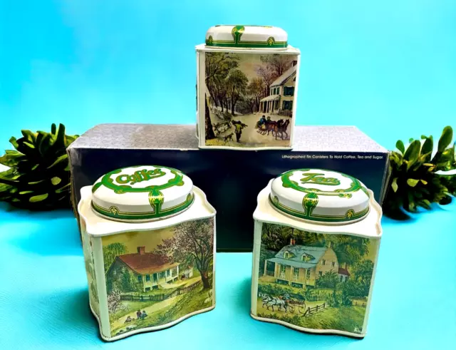 Vintage Currier & Ives Four Seasons Lithographed Tea Sugar Coffee Canister Tins