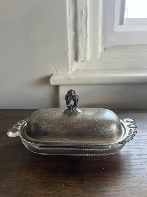 Vintage 1987 ROGERS BROS Glass Butter Dish With Silver Plated Lid