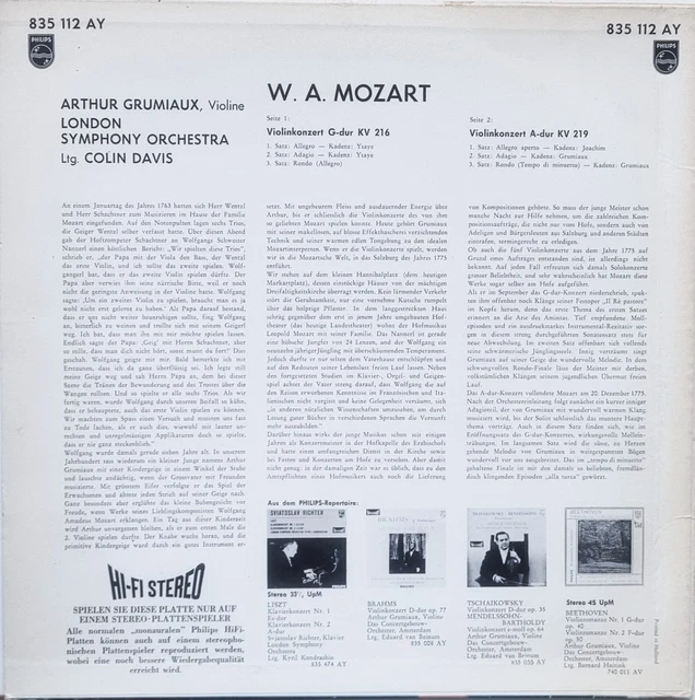 ARTHUR GRUMIAUX, DAVIS Mozart Violin Concertos KV 216 & KV 219