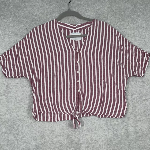 Rails Womens Size M Thea Milos Stripe Cropped Blouse Button Up Red Tie Front