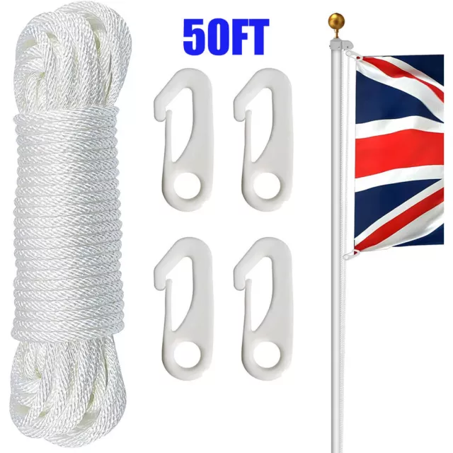 15M Nylon Flag Rope Flagpole Rope 6mm New Thick White with 4X Flag Pole Clip