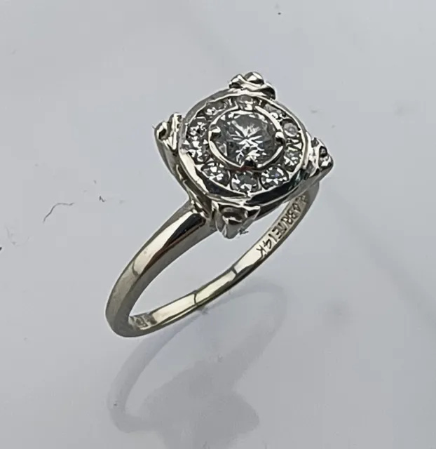 14K WHITE GOLD Genuine Diamond Round Cluster Solitaire Ring Size 5 - 3. ...