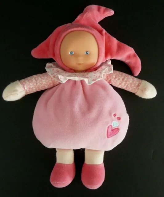 P5- DOUDOU POUPEE COROLLE BONNET 3 POINTES ROSE BLEU COEUR GRELOT 23cm - TTBE