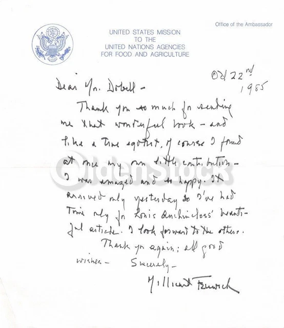 Millicent Fenwick NJ Congress Fashion Editor Autograph Signed Letter 1985