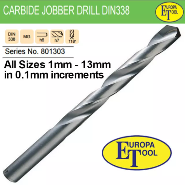 Europa Tool Solid Carbide Jobber Drills Sizes 1mm upto 13mm