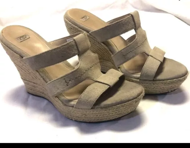 UGG Women’s Beige Leather Tawnie Espadrille Platform Wedge Sandals Size 8.5