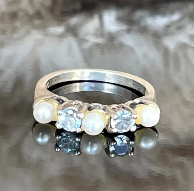Elegant 925 Sterling Silver Blue Topaz And Pearl Ring - Size 5.75