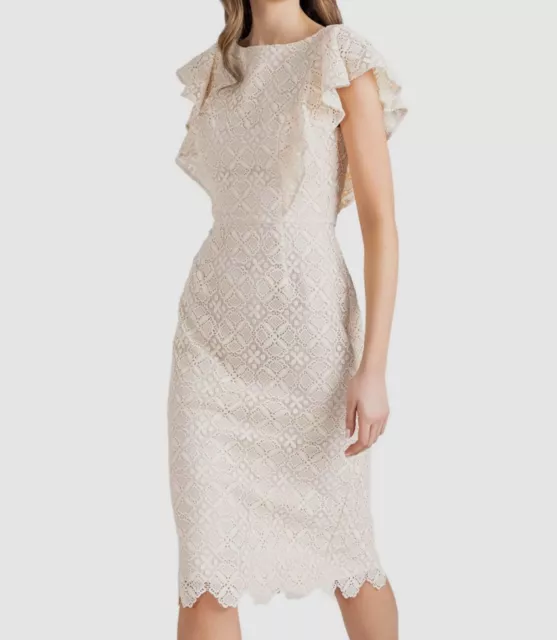 $441 Shoshanna Women's Ivory Flutter-Sleeve Lace Midi Sheath Dress Size 8
