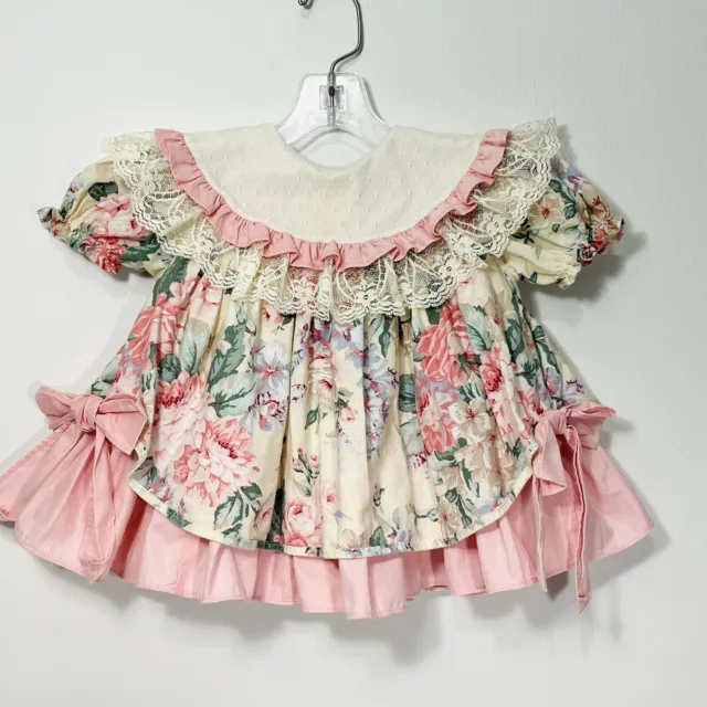 Bryan Dress Sz 12mo Pink Ivory Floral Spring Easter Lace Ruffle Full Vintage