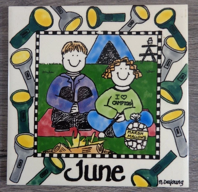 H&R Johnson June Camping Ceramic Hanging Tile Trivet 6" x 6" Nancy DeYoung