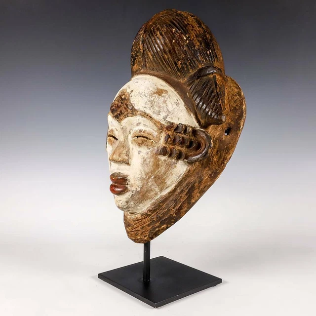 African Punu Mukudj Mask Painted Wood Pigment Gabon Central Africa 20Th C. 2